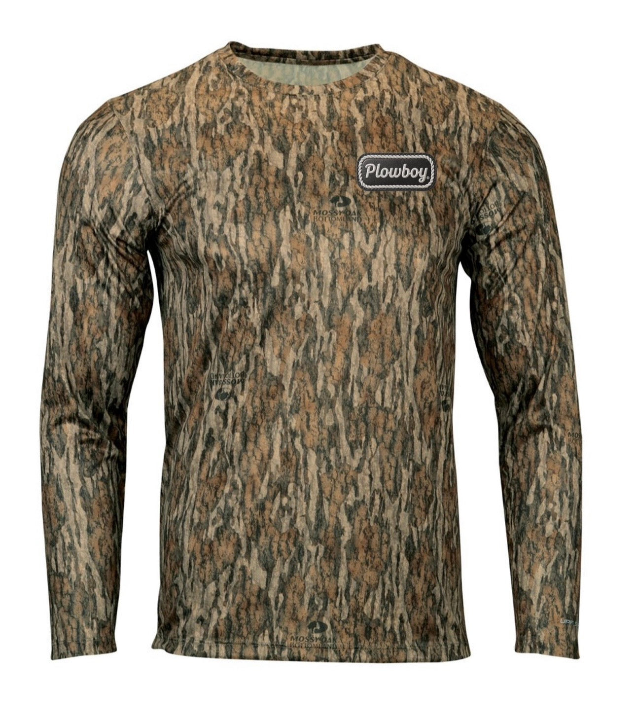 Camouflage long-sleeve shirt with Plowboy logo on a white background