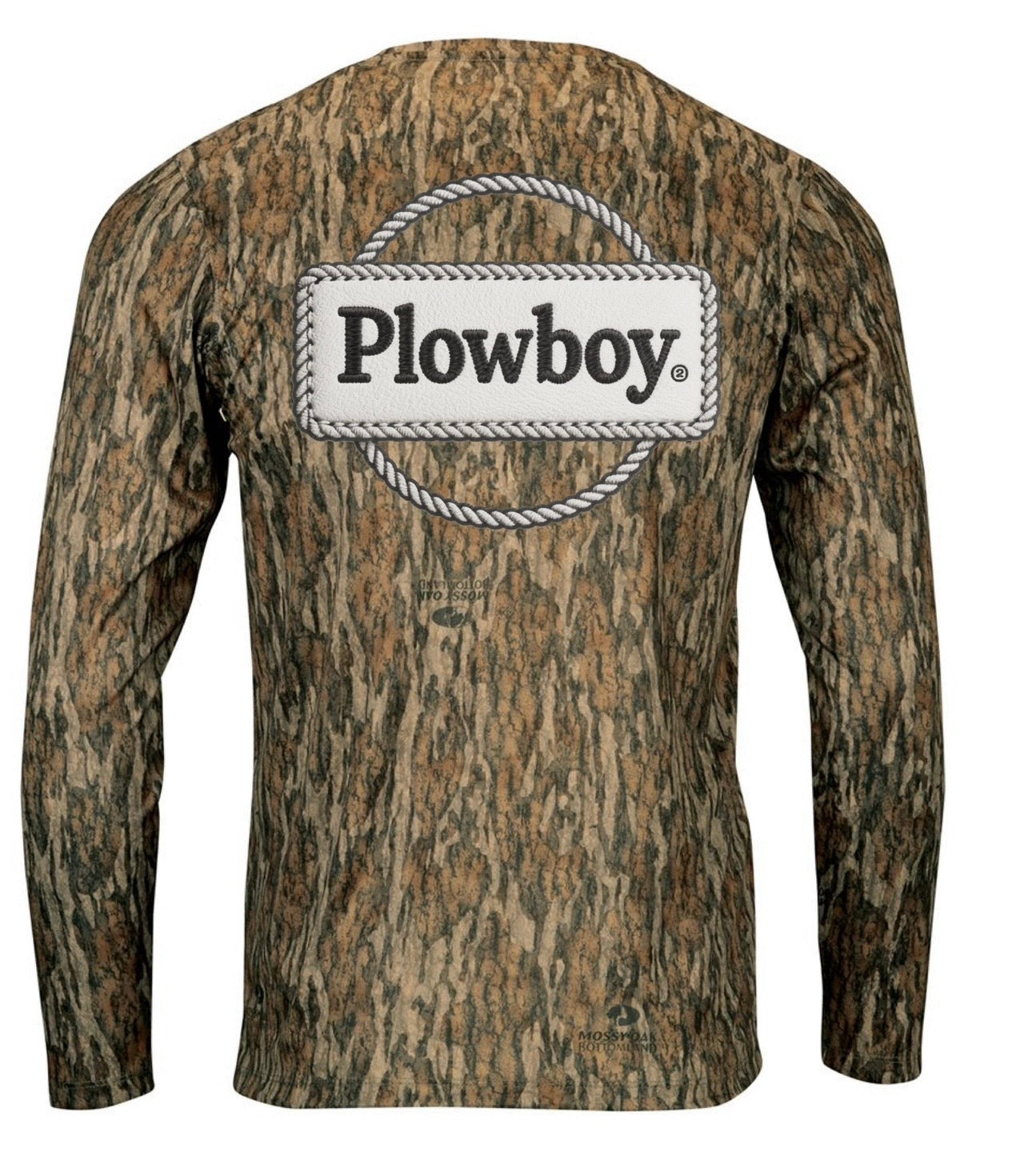 Camouflage long-sleeve shirt with 'Plowboy' logo on the back against a white background